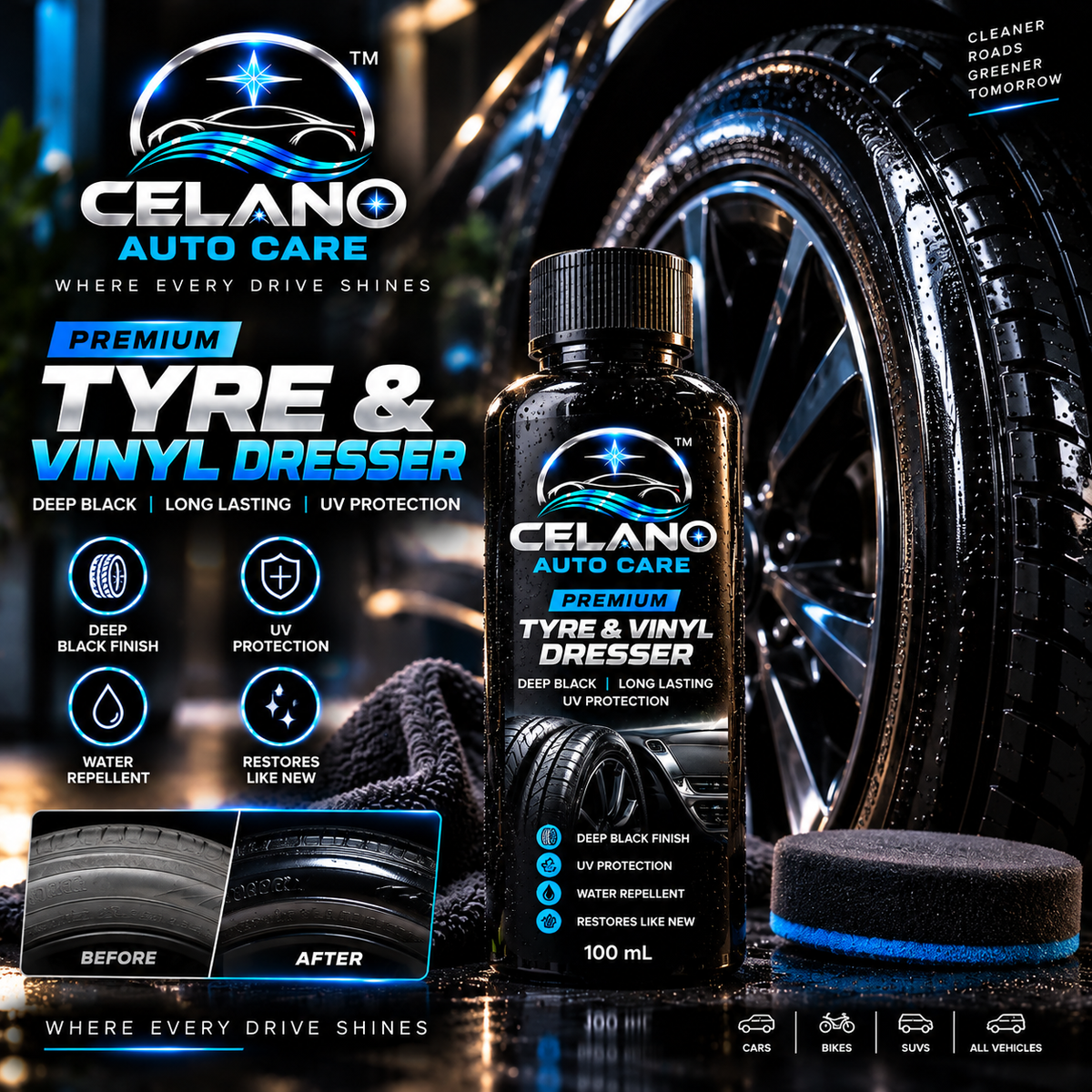 CELANO AUTO CARE™ Premium Tyre & Vinyl Dresser – 100 mL